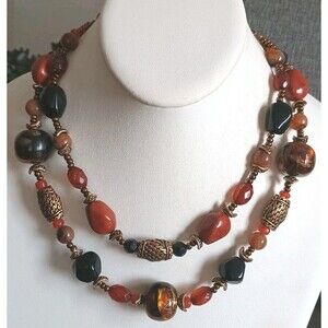 Chico's Double Layer Red Brown Gold Tone Necklace